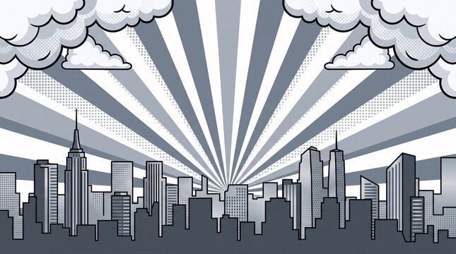 Elegant silver gray skyline with retro radial sunburst rays and dramatic comic clouds. Ideal for architecture presentations, business branding, websites, and editorial graphics.