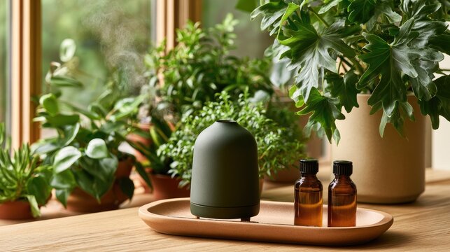 Aromatic diffuser with plants and essential oil bottles on wooden surface
