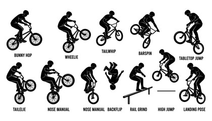 Fototapeta premium Bicycle Tricks and Stunts Illustration Set with Detailed Poses and Labels Featuring Cycling, Action, Sport with Vector and Icon
