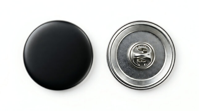 Two black and silver enamel buttons side by side pin button