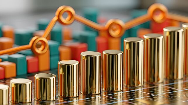 Golden bars ascend, orange line trends upward, charts grow