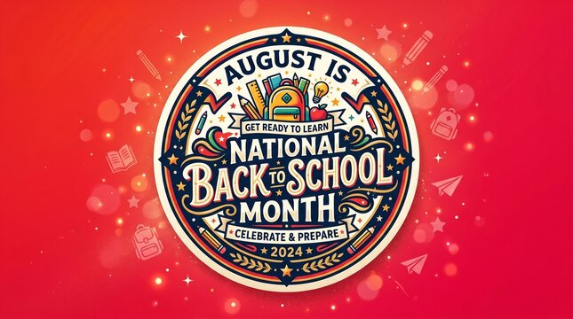 Vibrant Golden Circular Badge Celebrating August As National Back To School Month Established In 1993