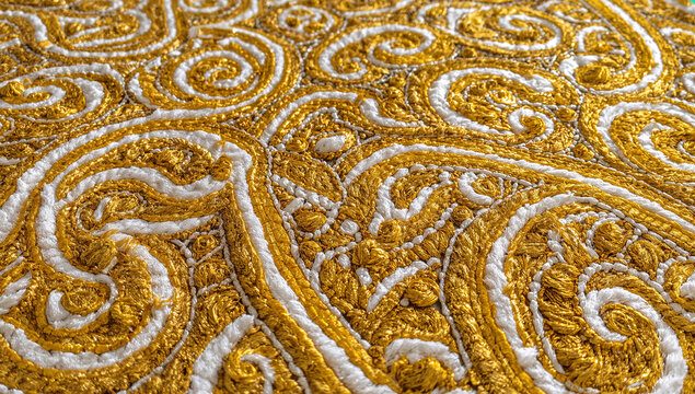 Detailed golden embroidery pattern on fabric textile with embroidery metallic background material intricate stitched glamorous ornamentation handmade needlework fashionable traditional