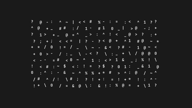 Monochrome white ASCII terminal glyph rectangular grid block cluster flickers with rapidly cycling random characters creating a shimmering static texture on charcoal