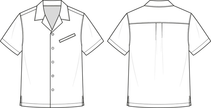 Flat sketch technical drawing of a short sleeve camp collar button down shirt template vector illustration