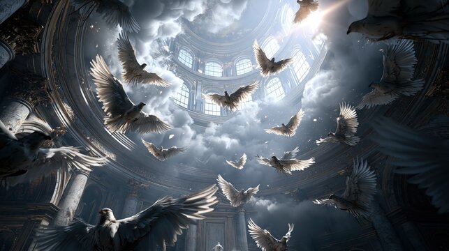 Flock of doves ascend towards a bright dome bathed in light.