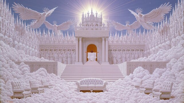 Celestial beings preside over a grand white architectural structure bathed in radiant light.