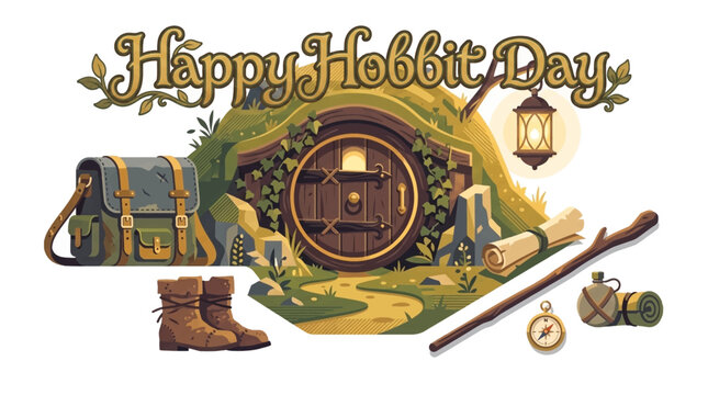 Illustrated rustic hobbit themed travelers celebratory greeting with adventure gear with rustic traveler day