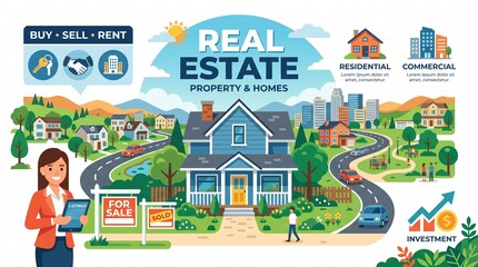 Fototapeta premium Comprehensive Real Estate Graphic Showing Commercial And Residential Property Services To Buy Sell Rent Invest