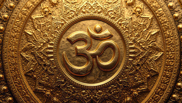 Intricate golden embossed om symbol emblem with spiritual hinduism religion meditation buddhism sculpture tradition reflection abstract background mystical enlightenment serenity wellness