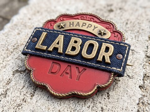Happy Labor Day Decorative Badge with Metal Letters and Denim Texture on Stone Background