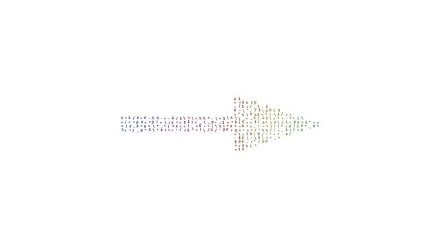 Neon rainbow ASCII terminal glyph particle swarm scatters outward from an arrow icon shape then reassembles back into the arrow on a solid white background