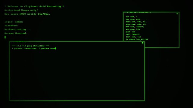 A technician observes the active terminal windows while scanning for encrypted data packets during an intense cyber security breach attempt inside the complex network architecture of a large