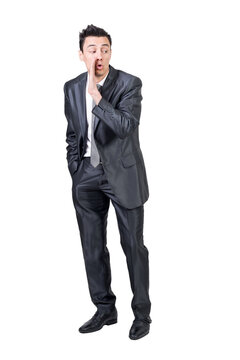 Businessman telling secret in studio, transparent background