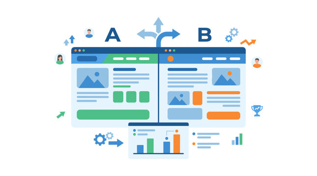 A/B testing vector illustration showing split testing comparison between two website landing pages with data analytics charts, user icons, and direction arrows on white background.