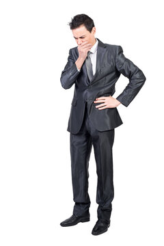 Puzzled businessman in suit thinking on problem, transparent background