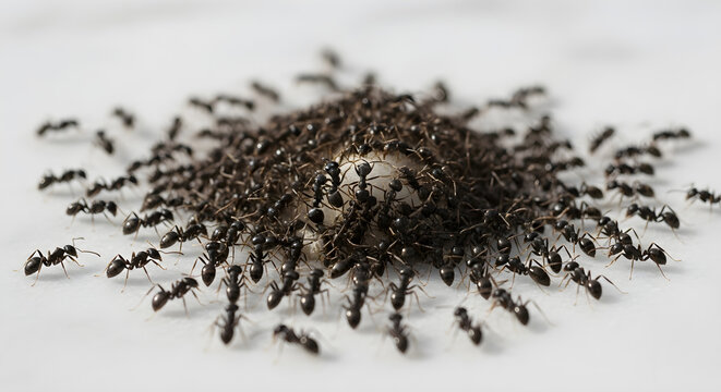 A large colony of black ants gathered around food on a light background