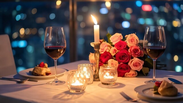 Romantic dinner table setting with red wine glasses, candles, and roses bouquet with blurred city lights at night.