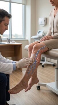 Vascular health check: medical professional, evaluate patient, varicose vein, vascular problem, blood vessel, leg condition, consult clinic, human anatomy, disease treatment, vein therapy.