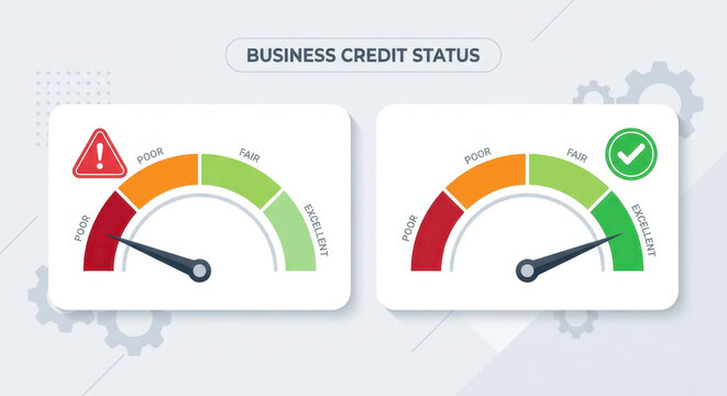 Credit gauge infographic: business credit score bands, default risk, PD, LGD, risk tier and lender decisioning.