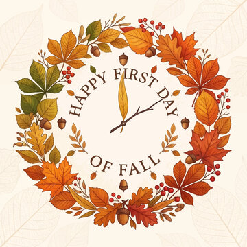 Elegant watercolor autumn wreath greeting celebrating first day of fall season with leaves with hand drawn
