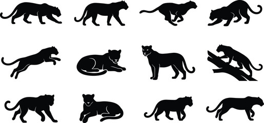 Naklejka premium Set of black panther and leopard silhouettes in dynamic action poses on white background