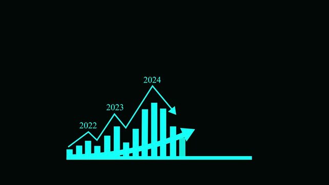 Cyan bar chart showing financial growth for the year 2022 with an upward trending line graph and a large arrow pointing right on black background