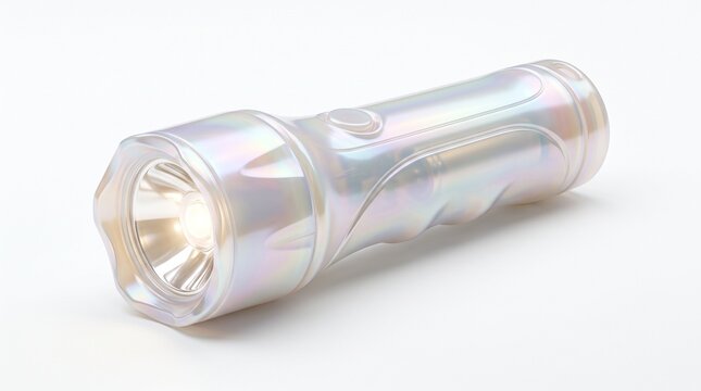 Iridescent LED flashlight, a modern portable light source for emergencies and outdoor adventures. Glowing white beam from a compact, durable torch.