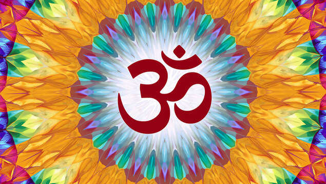 Om symbol centered on colorful kaleidoscope background with spiritual kaleidoscope colorful meditation hinduism geometric buddhism abstract consciousness mindfulness religion enlightenment