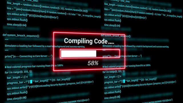  Cyber Security Hacker Terminal with compiling code Alert and Matrix Code Background Motion Graphics