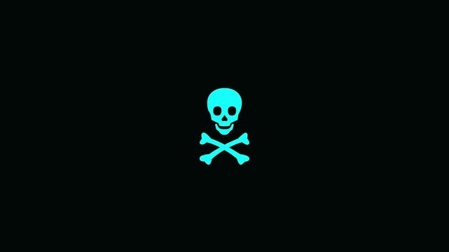 A bright cyan skull and crossbones centered on a solid black background representing a hazard warning or a pirate symbol for dangerous