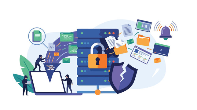 Conceptual vector illustration of a cybersecurity data breach featuring hooded hackers stealing digital files from a database server with a broken lock and cracked shield.