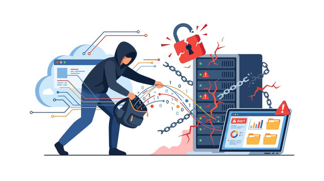 Cyber security concept illustration showing a hooded hacker stealing binary data from a server and laptop with broken locks, red alert signs, and cracked data infrastructure.