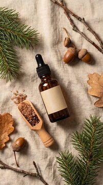 Flat lay of amber dropper bottle bath salts scoop pine needles and acorns on linen for autumn skincare mockup.
