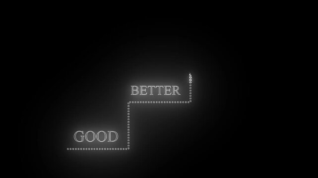 Silver metallic text showing the word good transitioning to the word better with a dotted line arrow indicating growth and improvement on a black background