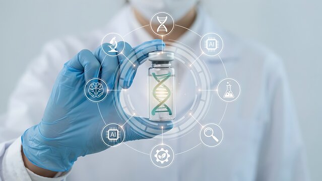 Scientist holding medical vial with DNA helix and digital icons for biotechnology and genetic research