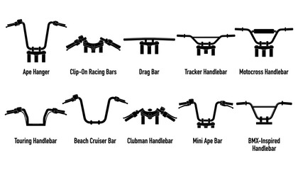 Fototapeta premium Various Motorcycle Handlebar Styles Shown as Black Line Art Icons for Design Reference. Featuring Icon, Style, Illustration