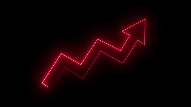 Red glowing neon arrow pointing upward in a zigzag line shape against a dark black background representing financial growth and market trends