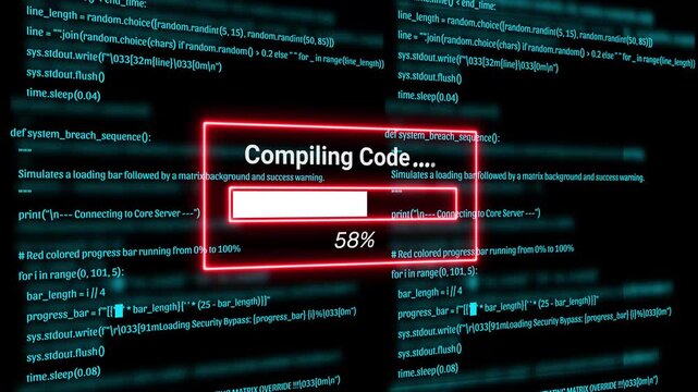  Cyber Security Hacker Terminal with compiling code Alert and Matrix Code Background Motion Graphics
