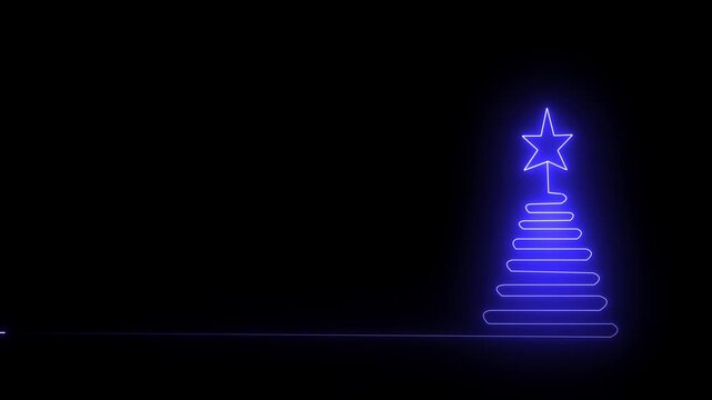 Minimalist blue neon glowing line christmas tree with a star on isolated against a solid black background for holiday season