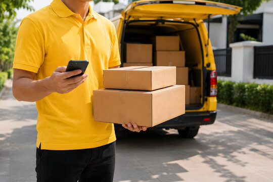 Entregador com uniforme amarelo segurando caixas de papel&atilde;o
