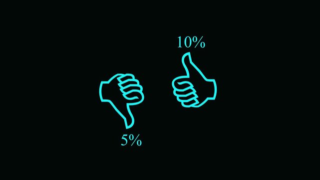 Cyan neon outline thumb up and thumb down with percentage values on a black background representing customer feedback and satisfaction ratings
