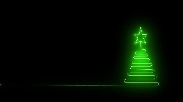 Minimalist green neon glowing line christmas tree with a star on isolated against a solid black background for holiday season