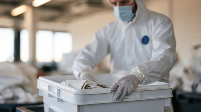 Recycling operations worker in full protective gear sorting medical waste containers inside a hospital environment, the systematic process of segregating hazardous materials capturing occupational r
