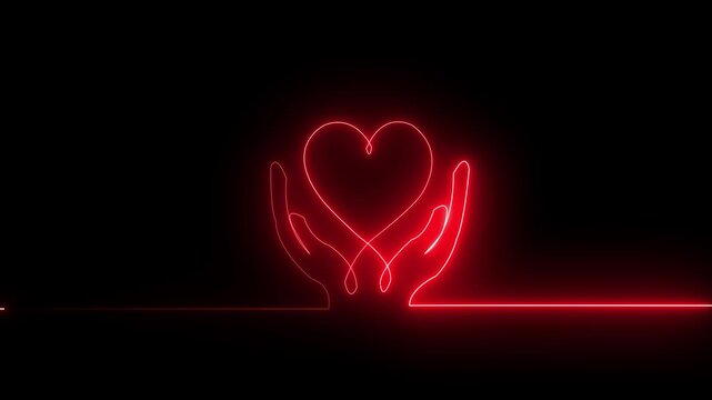 Continuous red neon line of two hands holding a heart shape on a black background representing love care charity and human connection