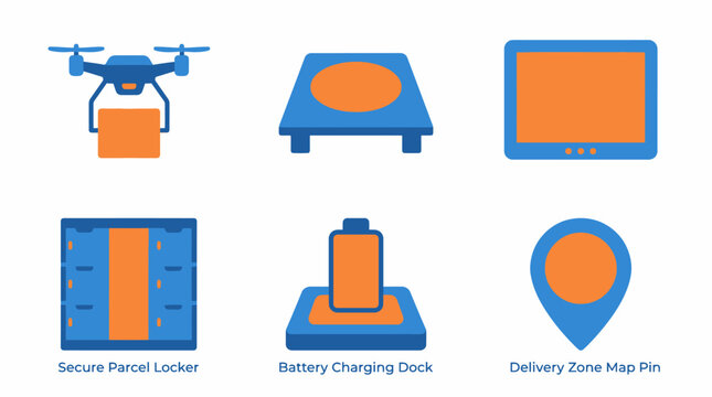 Drone delivery icons: secure parcel, battery dock, delivery map, charging station, delivery locker
