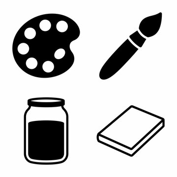 Art tools: paint palette, brush, jar, and canvas icon set