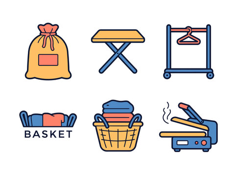 Laundry essentials: clothes basket, ironing board, garment rack, steamer, laundry bag