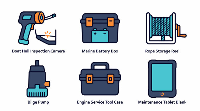 Marine equipment icons: boat hull camera, battery box, rope reel, bilge pump, tool case, tablet