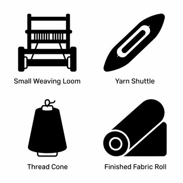 Small weaving loom and tools: yarn shuttle, thread cone, finished fabric roll